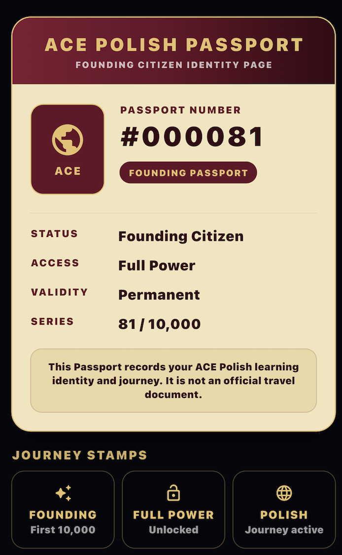 ACE Polish Passport Founding Citizen identity page and Journey Stamps
