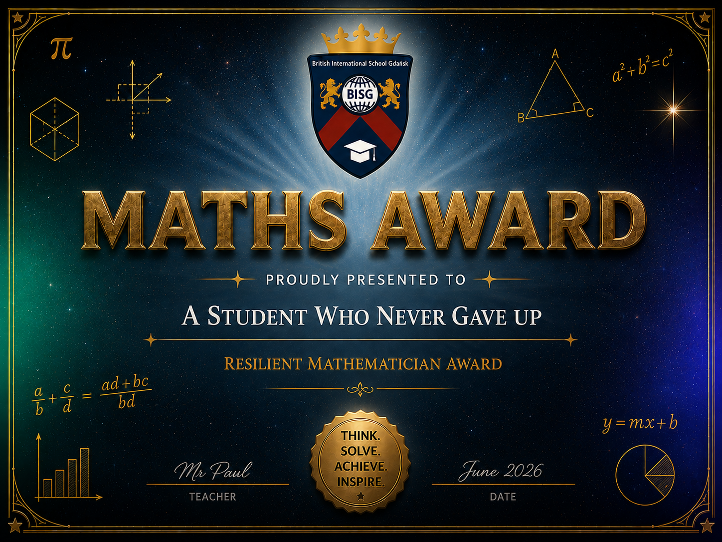 Personalised mathematics award certificate