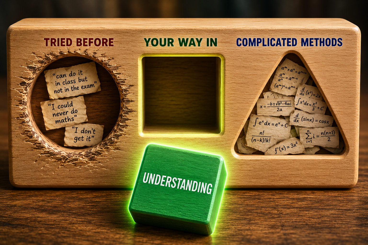 A wooden shape sorter showing frustrated past attempts, complicated mathematical methods, and a glowing Understanding block aligned with Your Way In